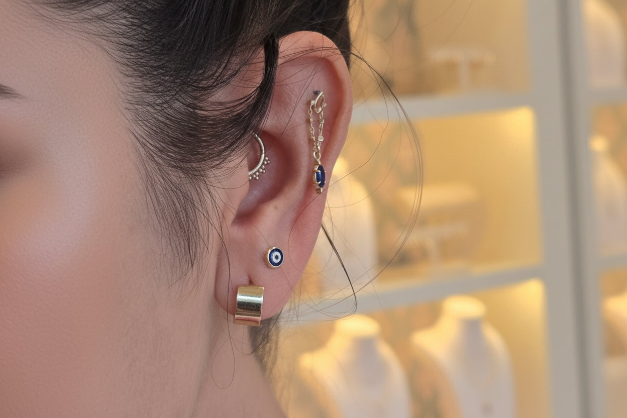 Close-up of an ear with multiple earrings and a blurred background