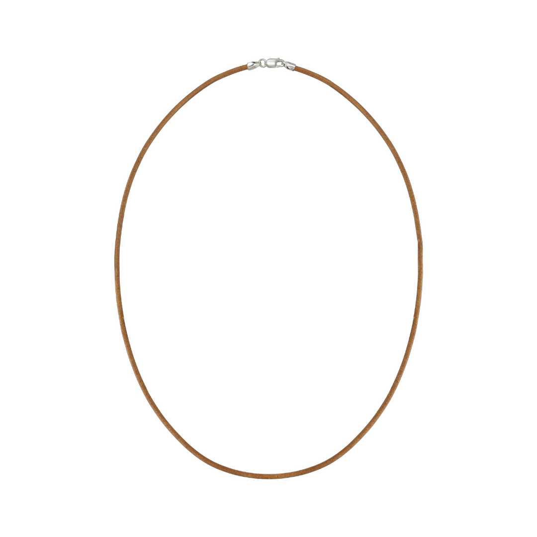 A thin brown cord necklace with a silver lobster clasp, displayed against a solid white background.