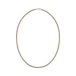 A thin brown cord necklace with a silver lobster clasp, displayed against a solid white background.