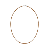 A thin brown cord necklace with a silver lobster clasp, displayed against a solid white background.