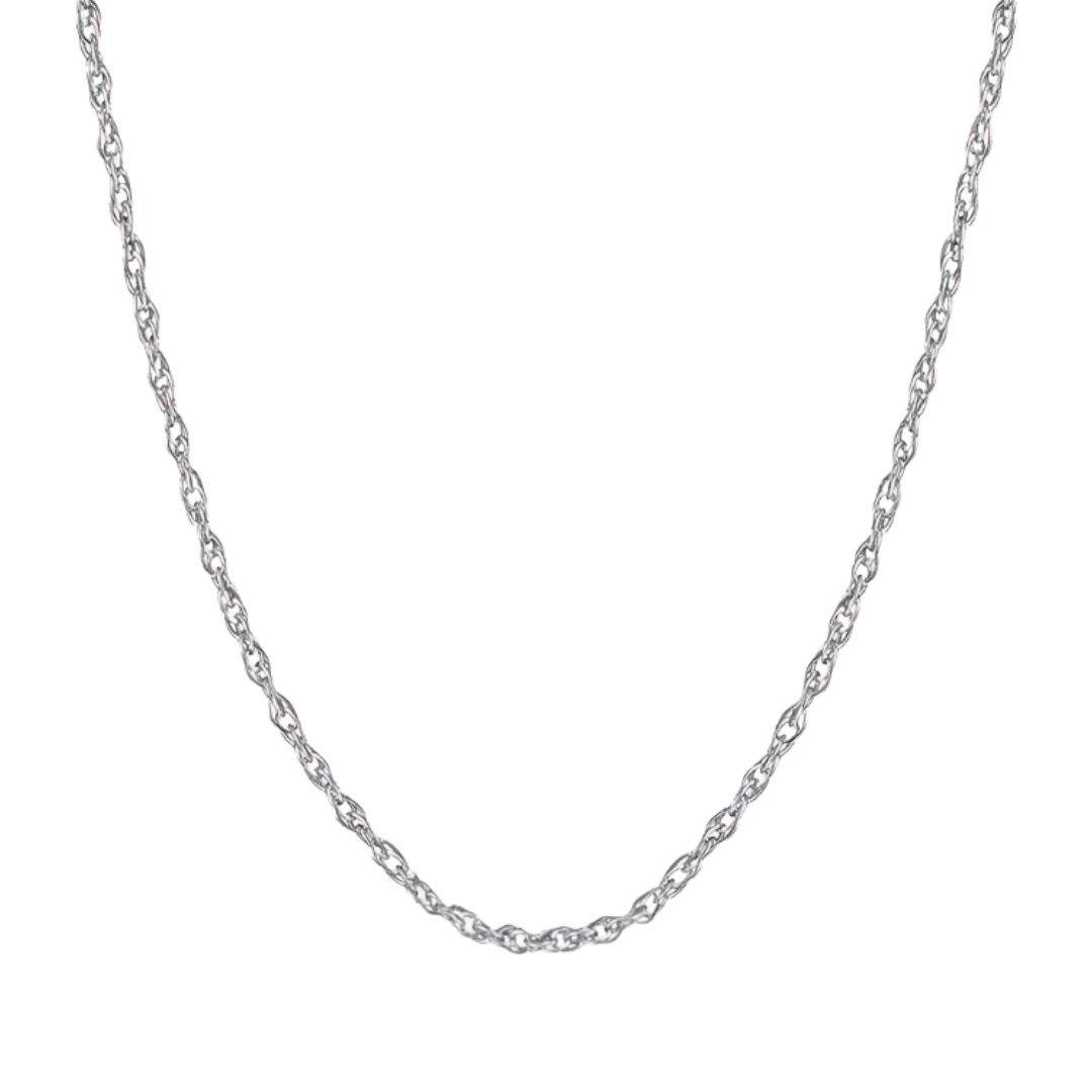 A silver-toned twisted rope chain necklace displayed against a solid white background.