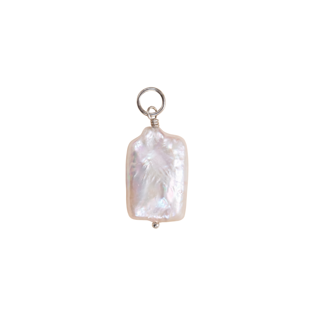 A single baroque pearl pendant charm with a silver-tone jump ring and wire wrap, shown against a plain white background.
