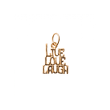 A gold charm pendant featuring the words 'LIVE LOVE LAUGH' stacked vertically in a 3D block-letter design with a hanging loop at the top, shown on a plain white background.