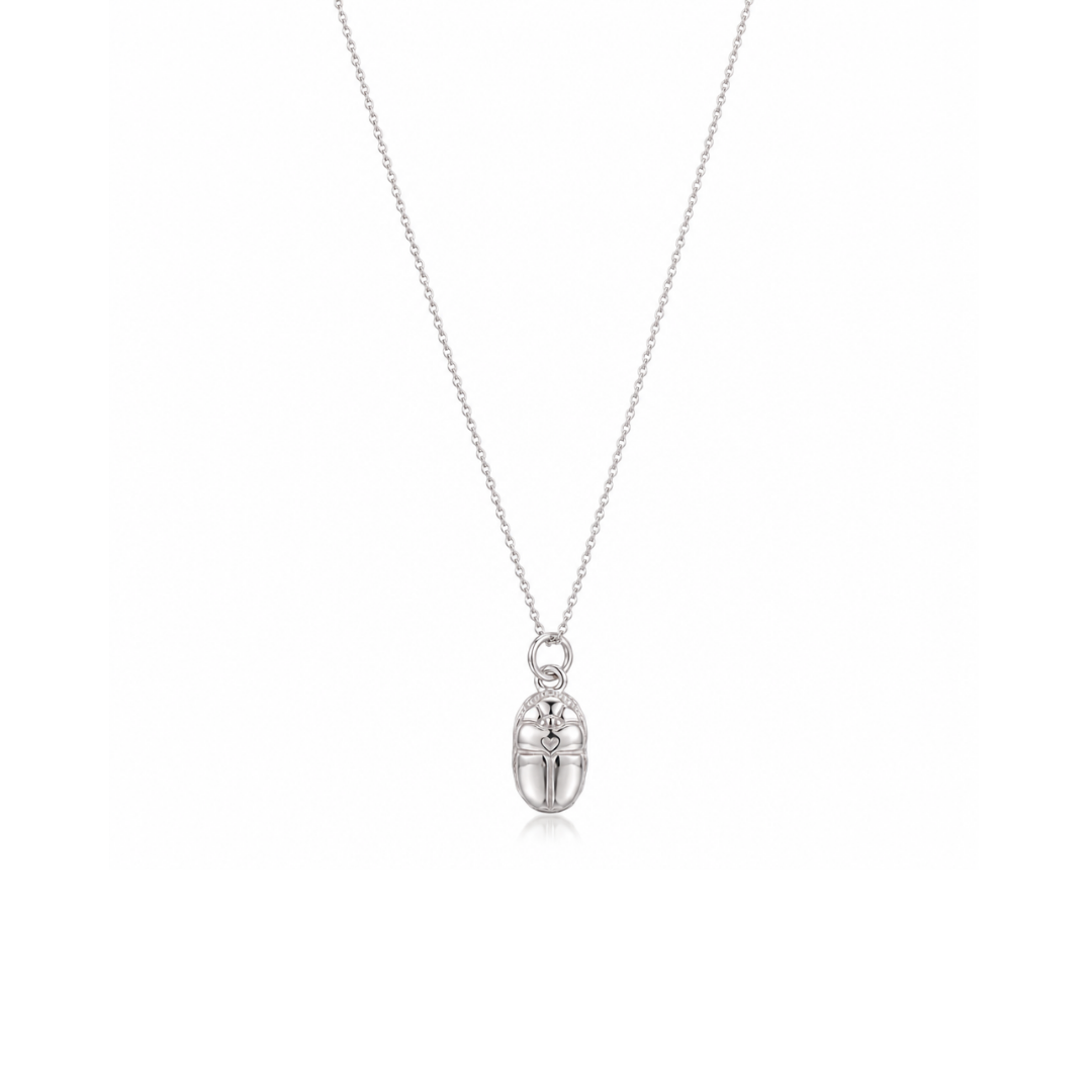 A silver chain necklace with a small beetle-shaped pendant, shown against a plain white background.
