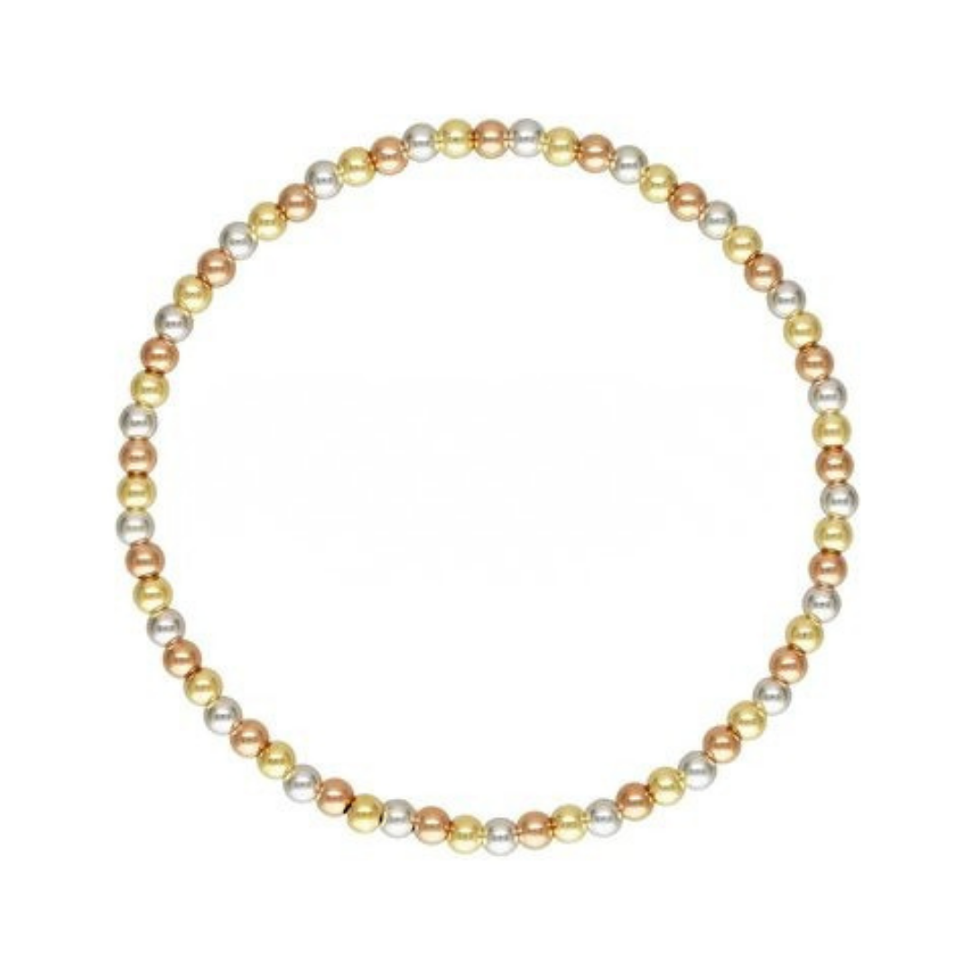 A beaded bracelet made of small round beads in alternating metallic gold, silver, and rose gold tones, arranged in a circular shape on a plain white background.