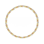 A beaded bracelet made of small round beads in alternating metallic gold, silver, and rose gold tones, arranged in a circular shape on a plain white background.