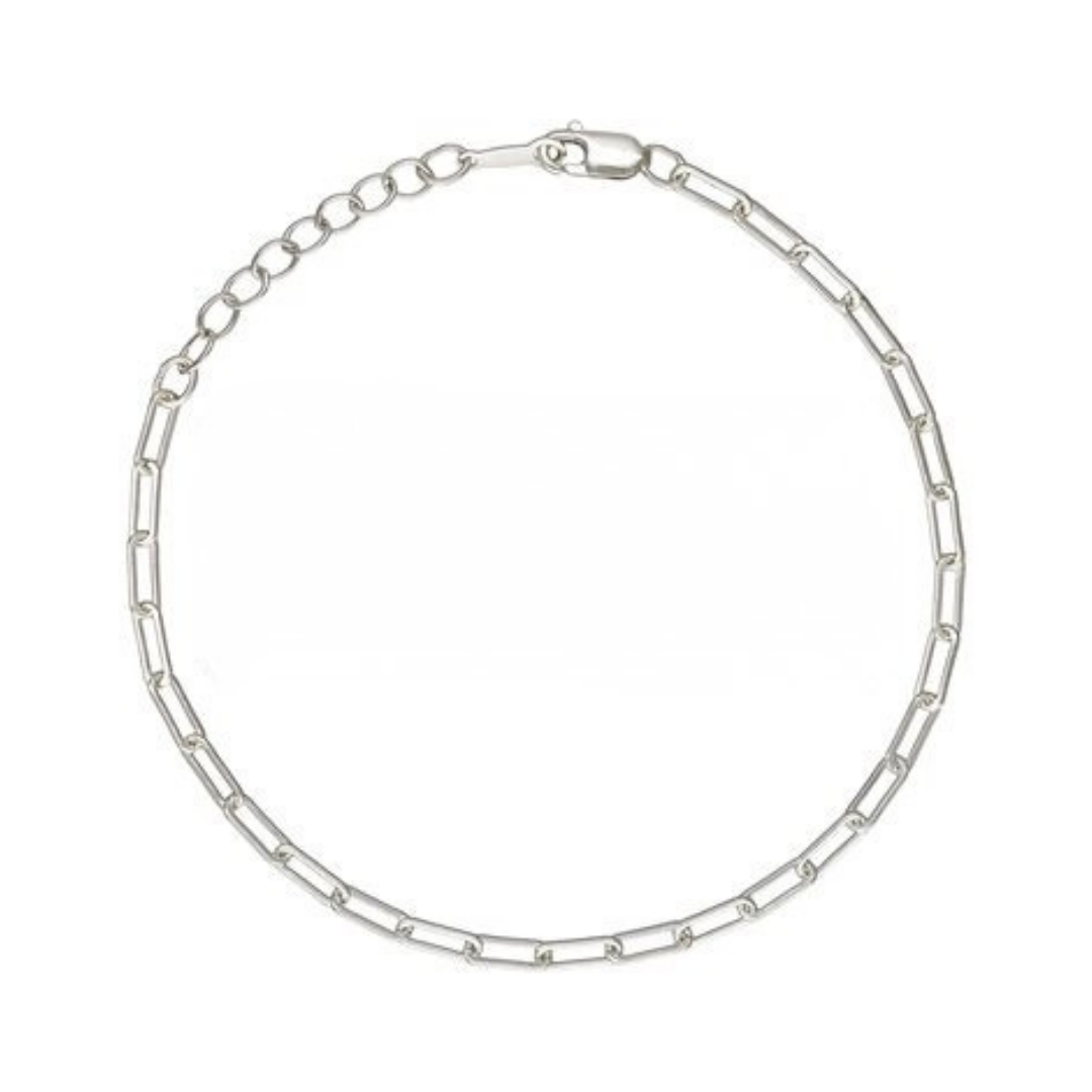 A silver-toned chain anklet with elongated oval links and a spring-ring clasp, displayed on a clean white background.