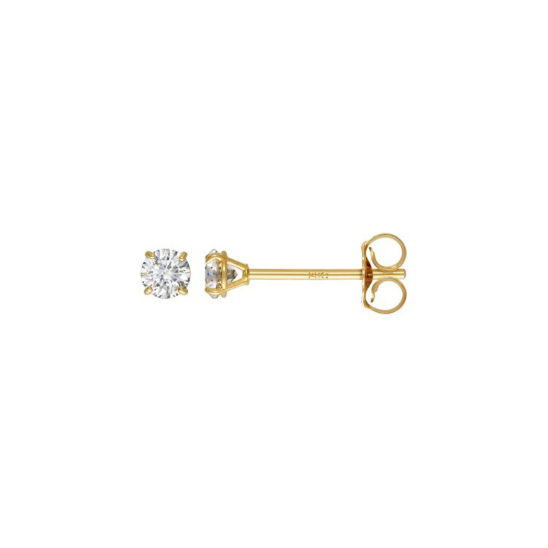 A pair of yellow gold stud earrings, one shown from the front with a round brilliant-cut clear gemstone and the other from the side showing the post and butterfly back, on a plain white background.