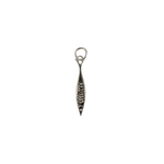 A silver metal fishhook charm with a textured pattern and a hanging loop, shown on a plain white background.