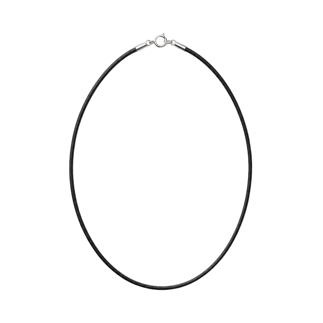 A minimalist black circular necklace with a silver-toned lobster clasp, displayed against a solid white background.