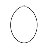 A minimalist black circular necklace with a silver-toned lobster clasp, displayed against a solid white background.