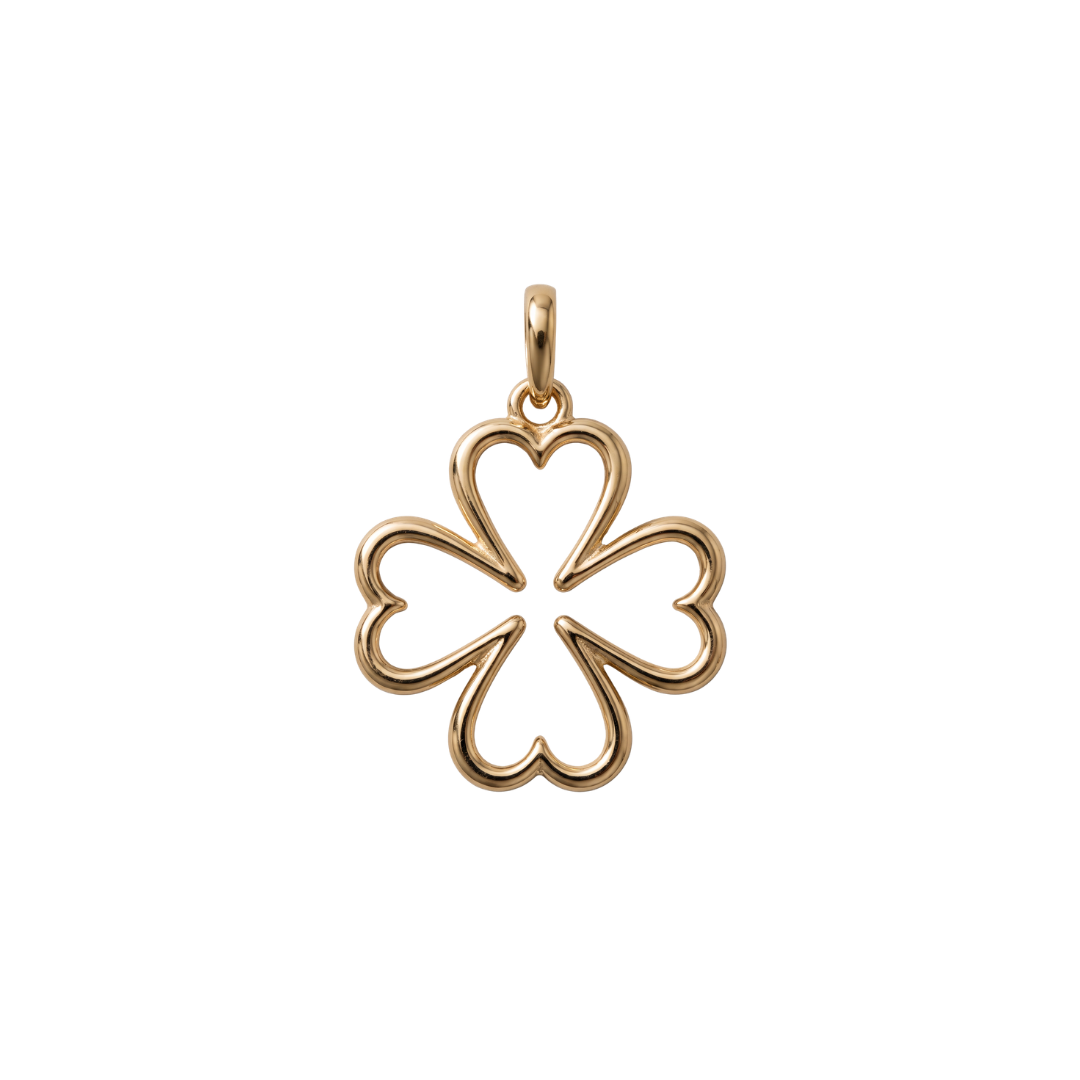 A gold four-leaf clover pendant charm with a heart-shaped center and a small top loop, shown on a plain white background.