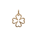 A gold four-leaf clover pendant charm with a heart-shaped center and a small top loop, shown on a plain white background.