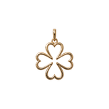 A gold four-leaf clover pendant charm with a heart-shaped center and a small top loop, shown on a plain white background.