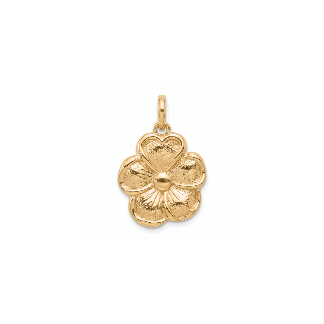 A yellow gold four-petal flower charm pendant with a textured finish and a small central ball detail, shown on a plain white background.