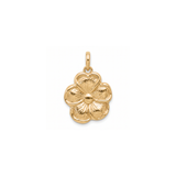 A yellow gold four-petal flower charm pendant with a textured finish and a small central ball detail, shown on a plain white background.