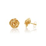 A pair of gold twisted wire stud earrings, one shown from the front and the other from the side/back, on a clean white background with a soft reflection.