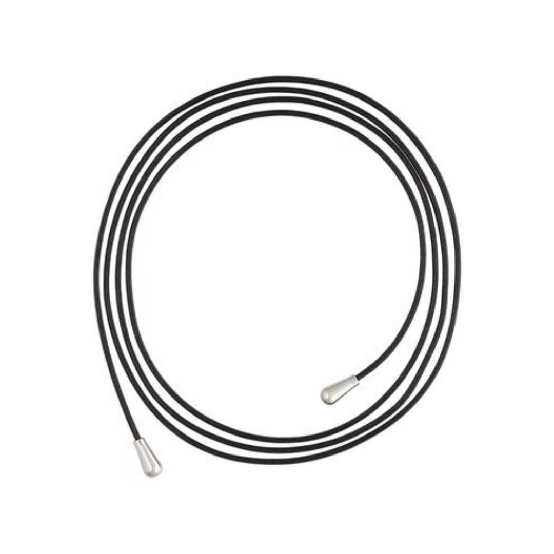 A coiled black elastic cord with silver-toned metal end caps, photographed on a plain white background.