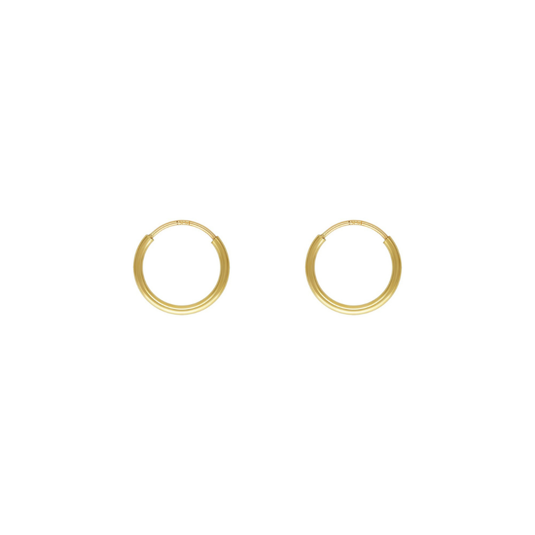 A pair of small gold hoop earrings shown on a plain white background.