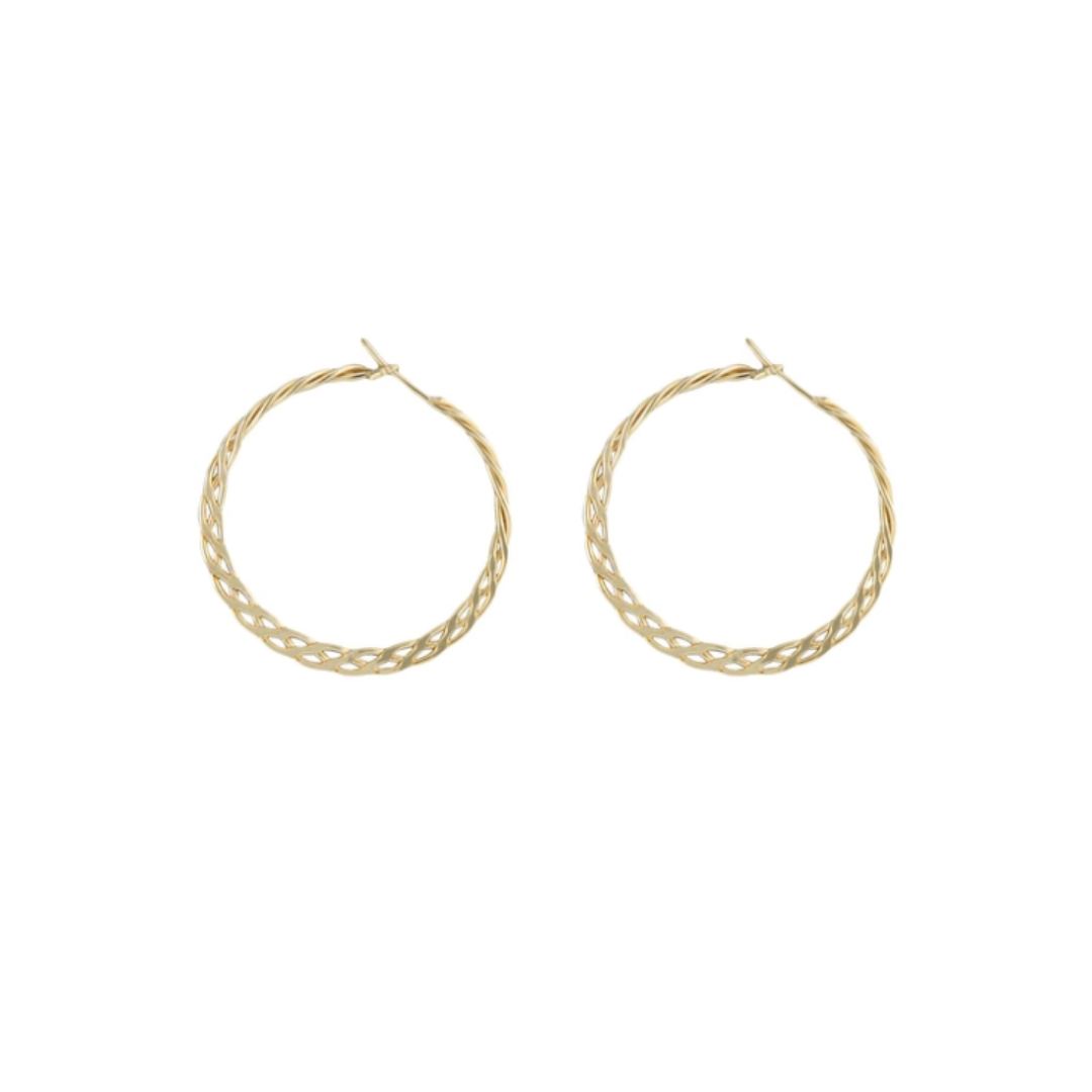 A pair of gold hoop earrings with a twisted, braided textured design, displayed on a solid white background.