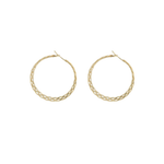 A pair of gold hoop earrings with a twisted, braided textured design, displayed on a solid white background.
