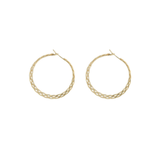 A pair of gold hoop earrings with a twisted, braided textured design, displayed on a solid white background.