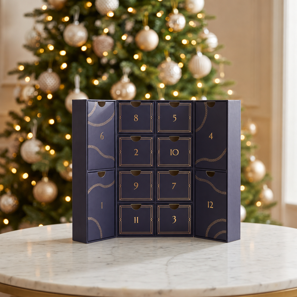 A navy blue advent calendar with twelve numbered drawers and gold decorative details, displayed on a marble table in front of a softly blurred Christmas tree with warm lights and gold ornaments.