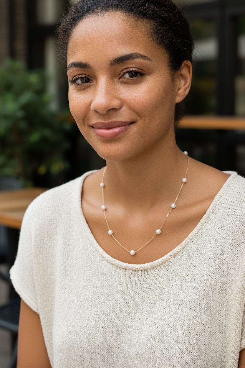 Gold necklace with pearls on a white background