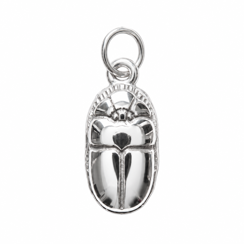 A polished silver beetle-shaped pendant charm with a hanging loop, shown on a clean, light off-white textured background.