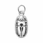 A polished silver beetle-shaped pendant charm with a hanging loop, shown on a clean, light off-white textured background.