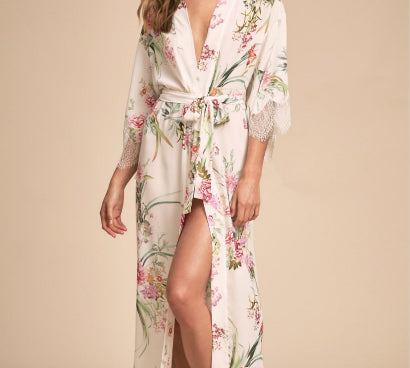 Blush floral and lace full length robe